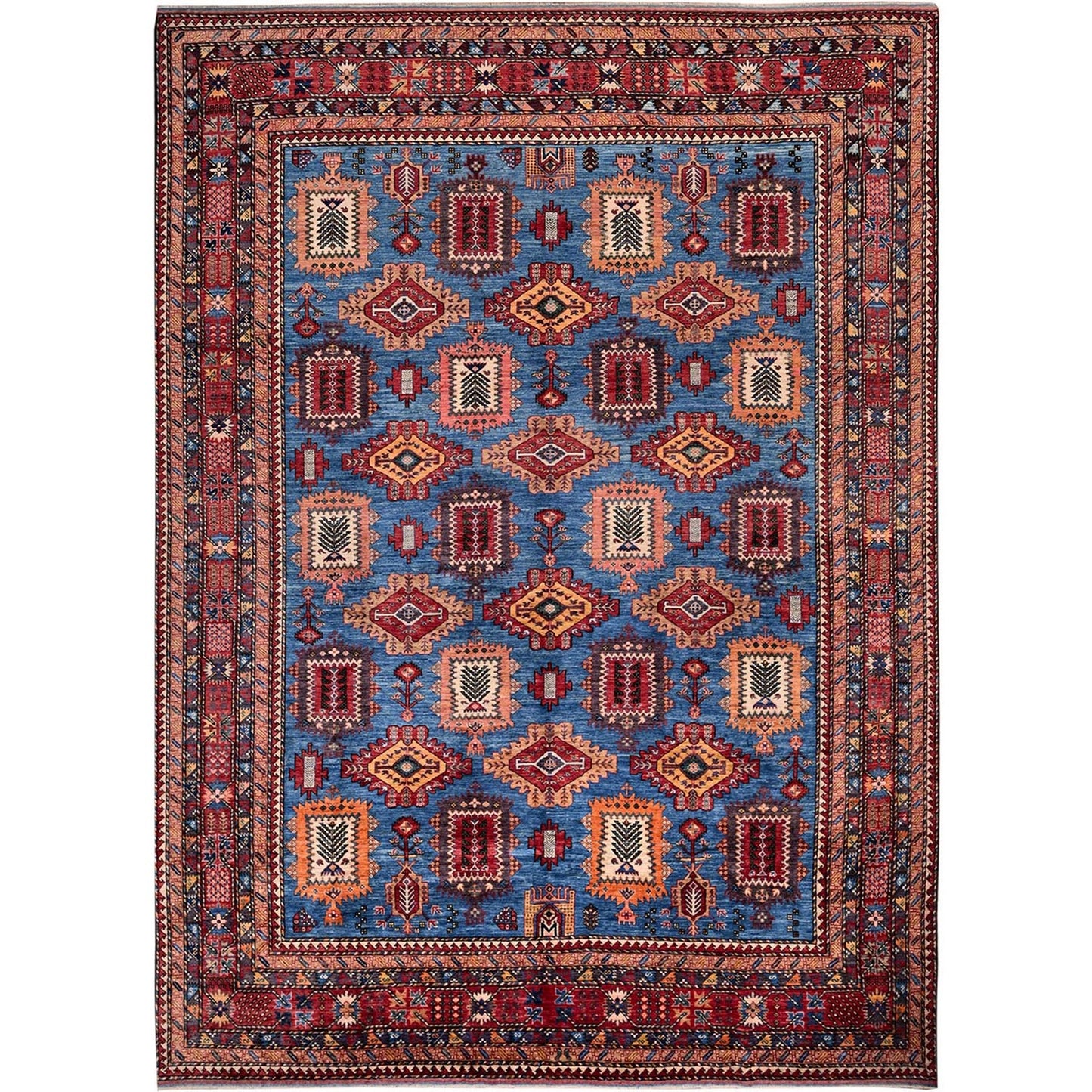 10'X13'6" Blue Afghan Ersari Caucasian Design Revival Hand Knotted Wool Rug