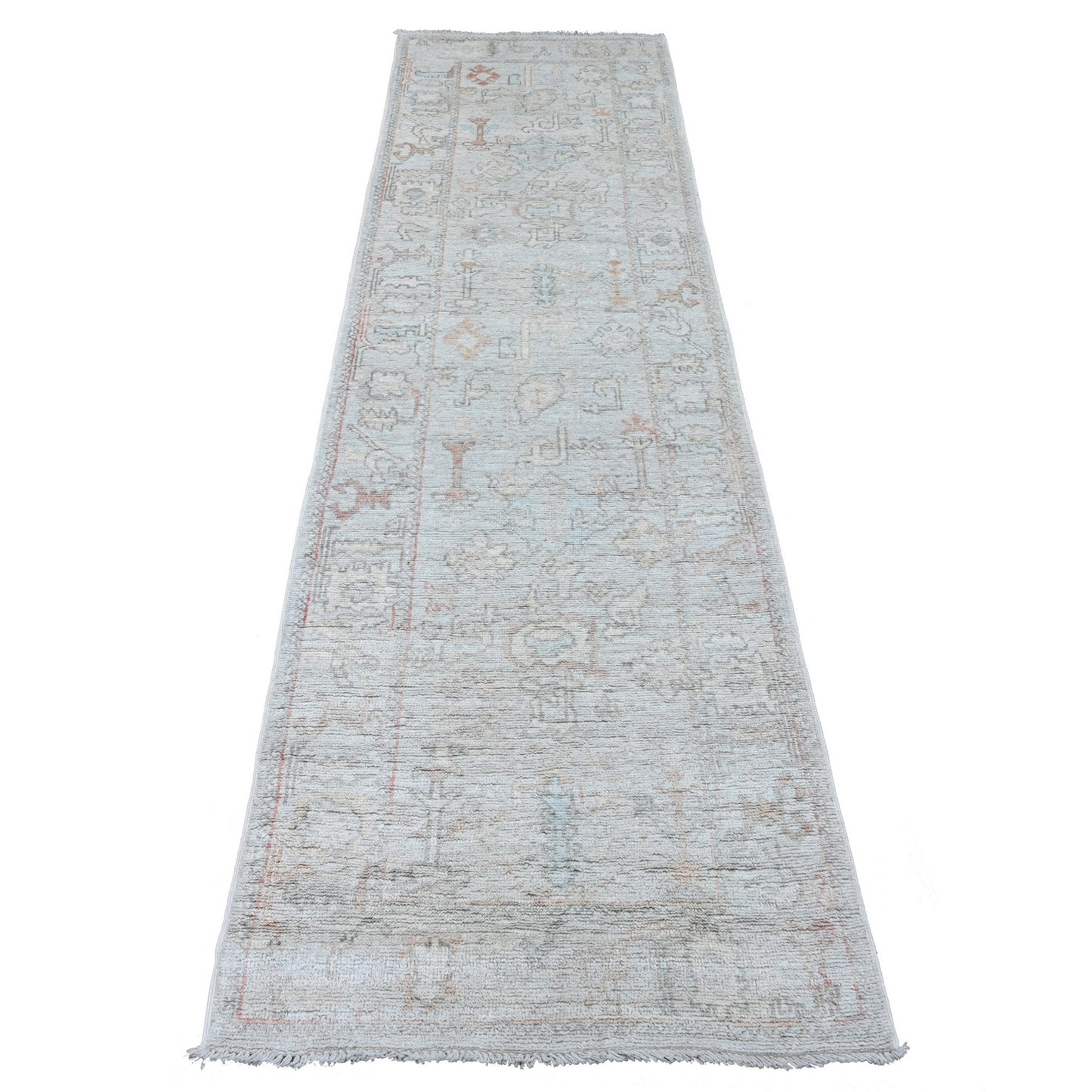 2'8"X9'8" Gray Hand Knotted Angora Oushak Tree Design All Wool Runner Rug