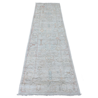 2'8"X9'8" Gray Hand Knotted Angora Oushak Tree Design All Wool Runner Rug