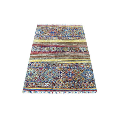 3'5"X4'10" Hand Knotted Pure Wool Colorful Super Kazak Khorjin Rug