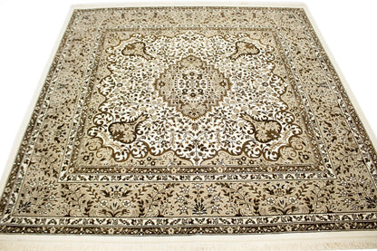 Hand-Knotted Cream Kirman Square Rug Oriental Classic Floral Area Carpet 6X6 ft