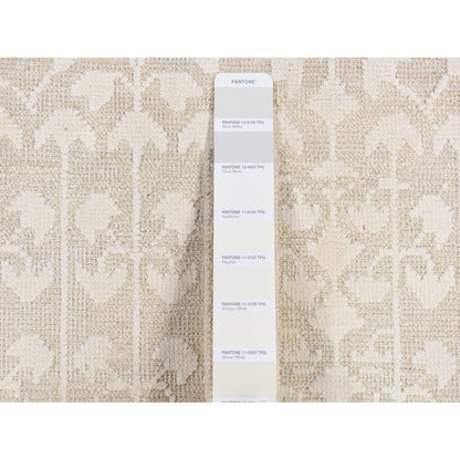 2'5"X6' Ivory Hand Knotted Tone On Tone Pure Silk With Wool Runner Rug