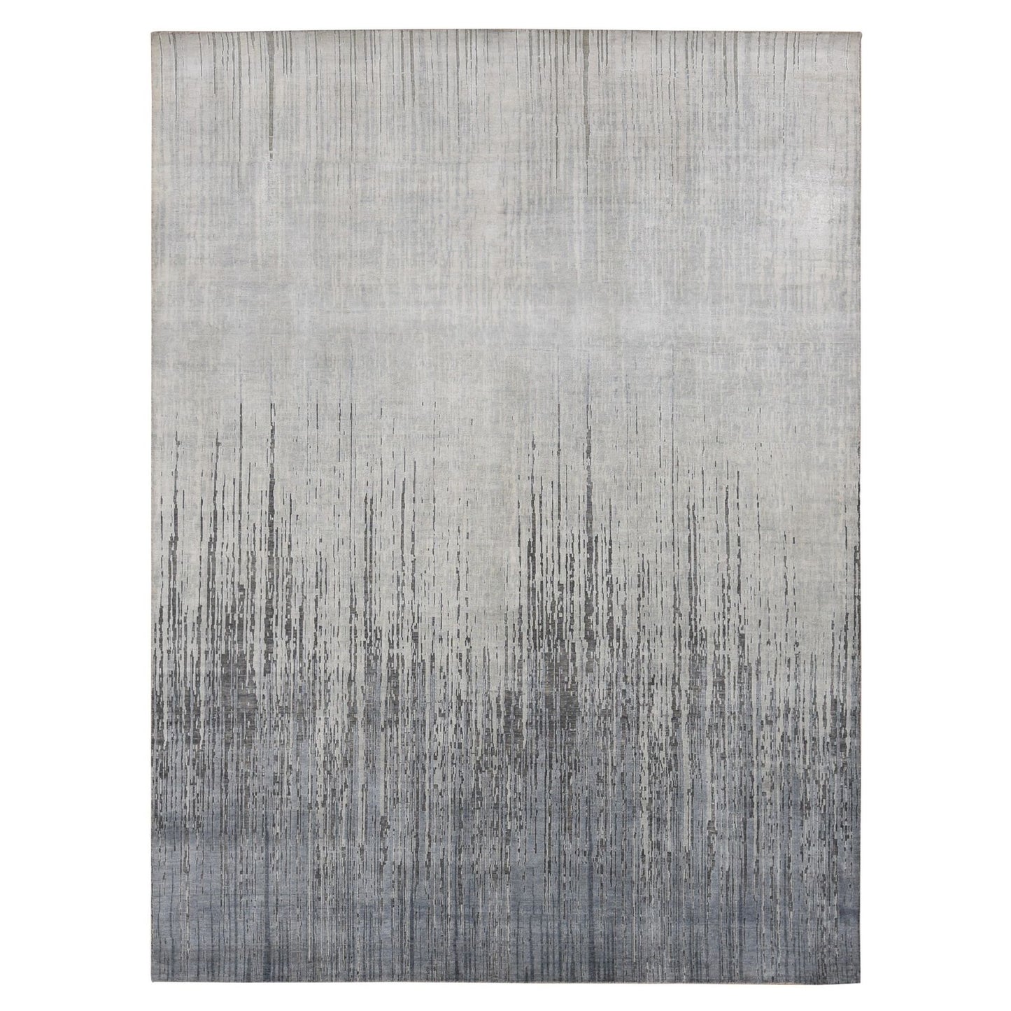 9'X11'10" Medium Gray Vertical Ombre Design Pure Silk Hand Knotted Rug