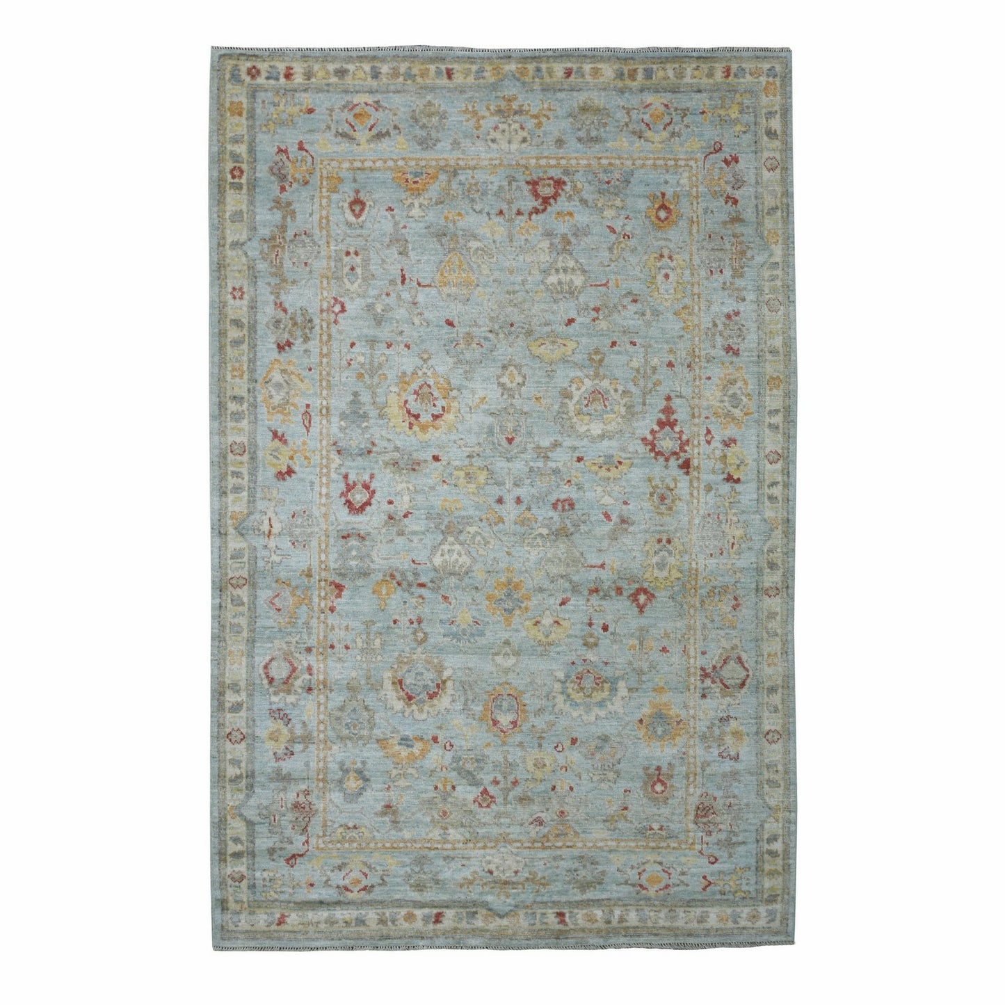 6'2"X9'5" Blue Afghan Angora Oushak Hand Knotted Pure Wool Oriental Rug