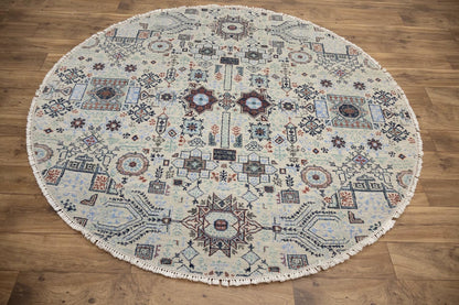 Hand-Knotted Cream Oushak Oriental Round Rug 6x6 Ft Classic Foyer Carpet
