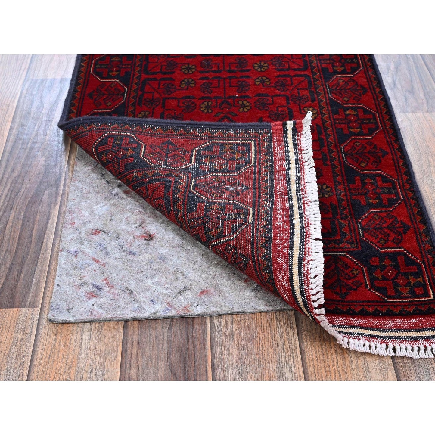 1'8"X4'9" Red Hand Knotted Afghan Khamyab Geometric Pattern Wool Runner Rug
