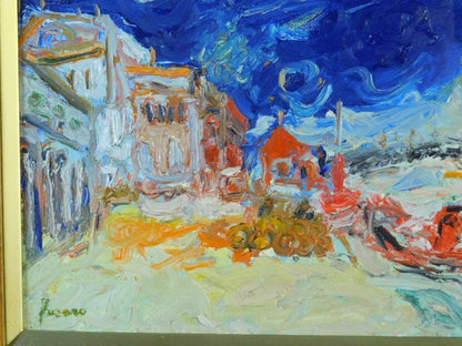 French Lyon Art Jean Fusaro Remorqueur Rouge 1970 Original Oil Painting