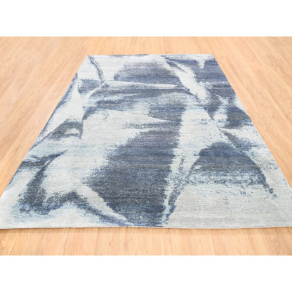 7'10"X10' Hand Knotted Black With A Mix Of Blue Modern Wool And Silk Rug