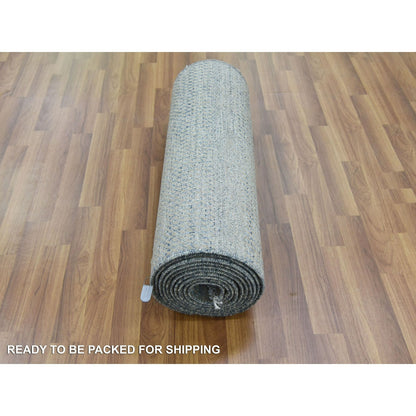 2'7"X15'5" Blue Modern Grass Design Wool And Silk Hand Knotted Runner Rug
