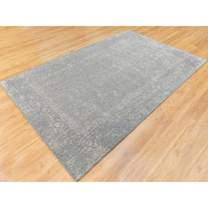 5'10"X9'1" Gray Fine Jacquard Hand Loomed Modern Wool And Art Silk Rug
