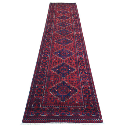 2'8"X12'9" Red Afghan Khamyab Wool Tribal Design Hand Knotted Runner Rug