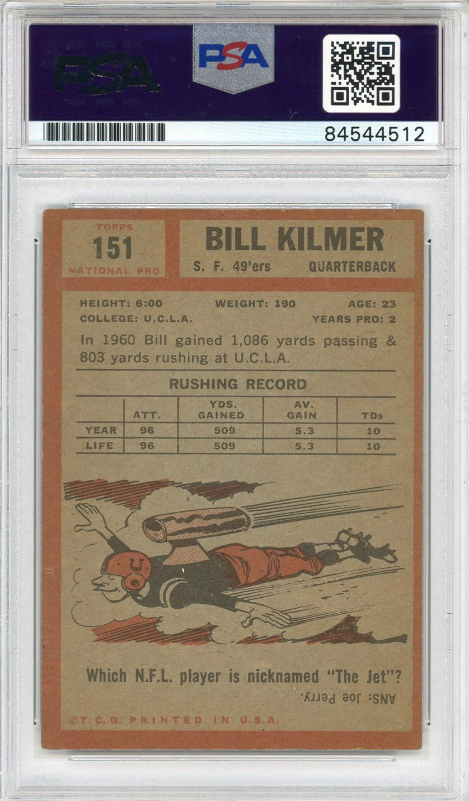 Bill Kilmer Autographed 1962 Topps Card #151 (Psa Auto 10)