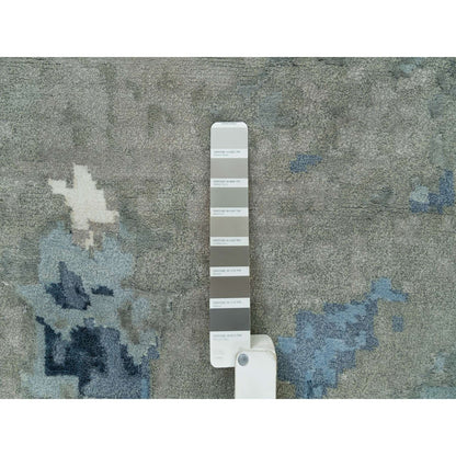 12'X12' Steel Blue Abstract Galaxy Wool And Silk Hand Knotted Round Rug