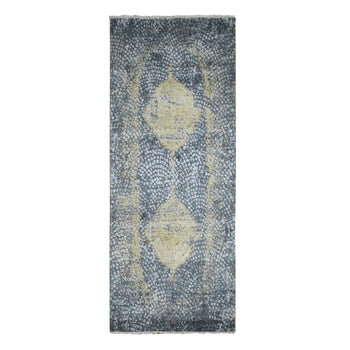 3'X8' Gray Zoroastrian Medallion Design Wool-Silk Runner Hand Knotted Rug