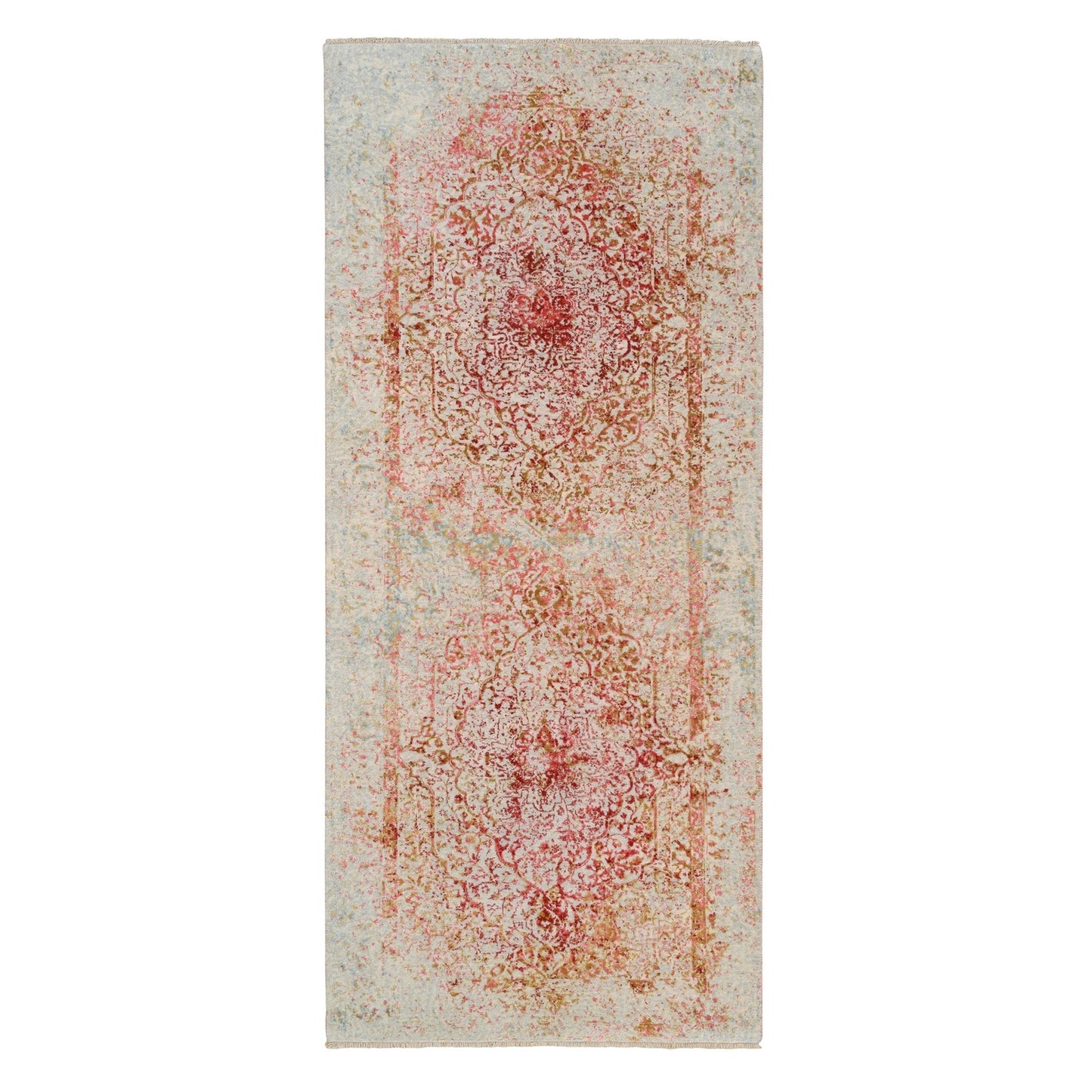 4'2"x10' Farsian Design Wool and Silk Hand Knotted Ivory Wide Runner Rug