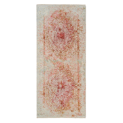 4'2"x10' Farsian Design Wool and Silk Hand Knotted Ivory Wide Runner Rug