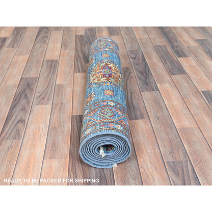 2'7"X9'9" Steel Blue Afghan Super Kazak Wool Hand Knotted Oriental Rug