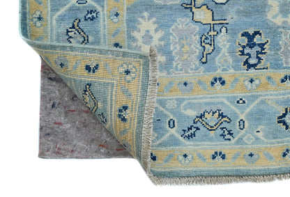 Blue Kazak Oushak Handmade Rug 4X5 Ft Floral