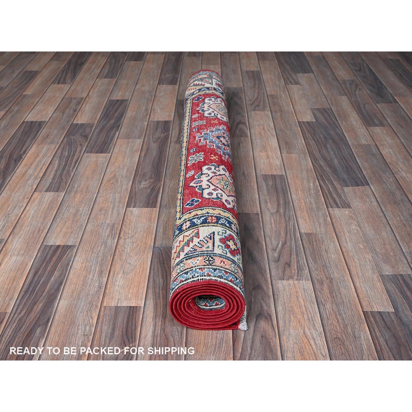 4'X6' Red Kazak With Geometric Medallions Design Soft Wool Hand Knotted Rug