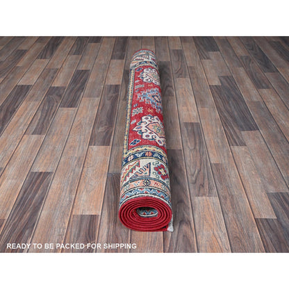 4'X6' Red Kazak With Geometric Medallions Design Soft Wool Hand Knotted Rug