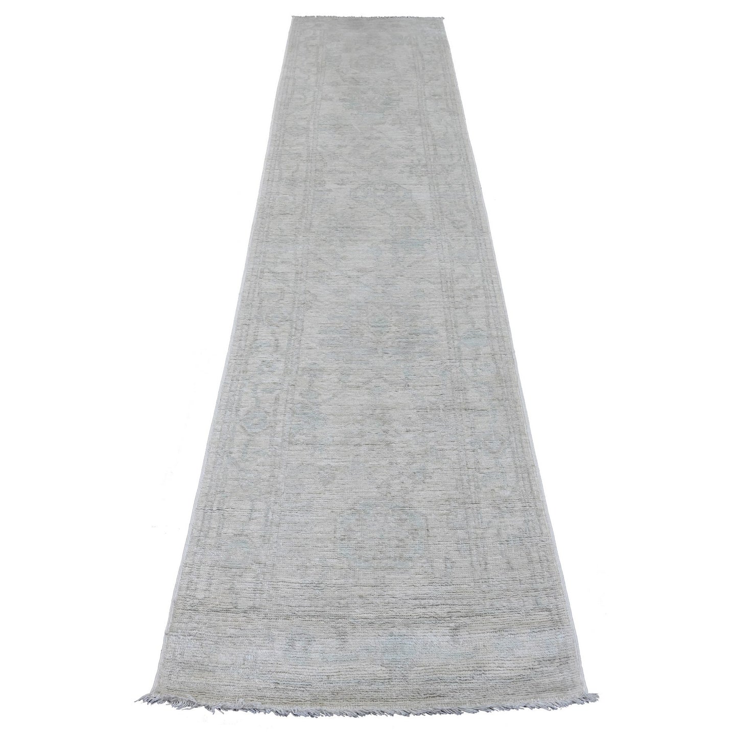 2'7"X11'7" Gray Angora Oushak Leaf Design Wool Hand Knotted Runner Rug