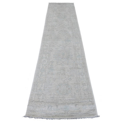 2'7"X11'7" Gray Angora Oushak Leaf Design Wool Hand Knotted Runner Rug