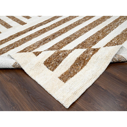 12'2"X14'10" Brown Wool Minimalist Stripe Hand Knotted Oversized Rug