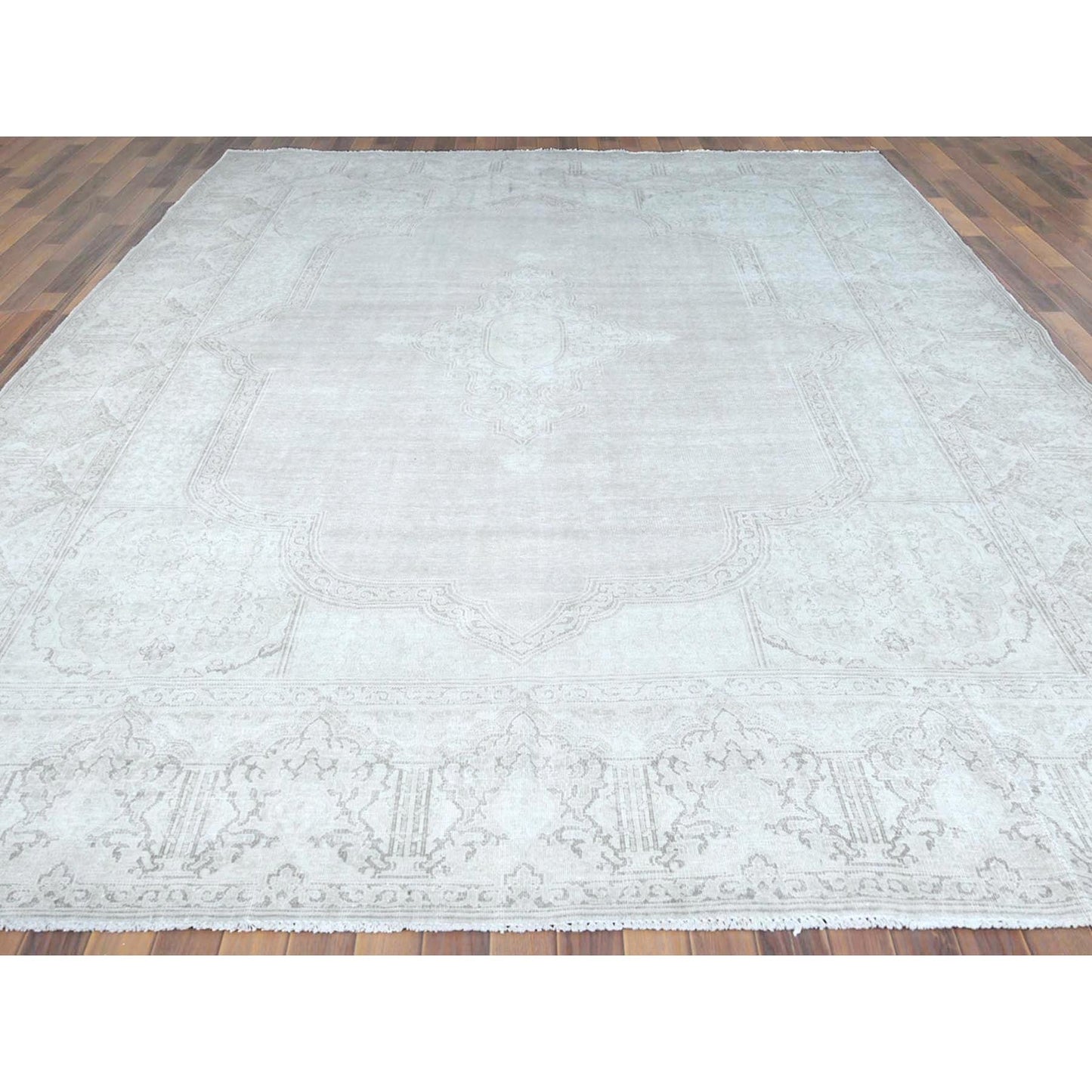 9'6"X12'5" Hand Knotted Ivory Vintage Farsian Karman Worn Wool Rug