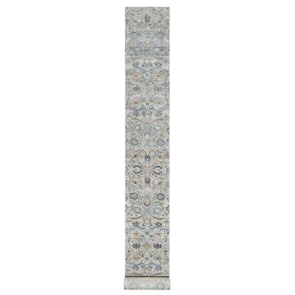 2'7"X25'9" White Hand Knotted Sickle Leaf Silk And Wool Xl Runner Rug