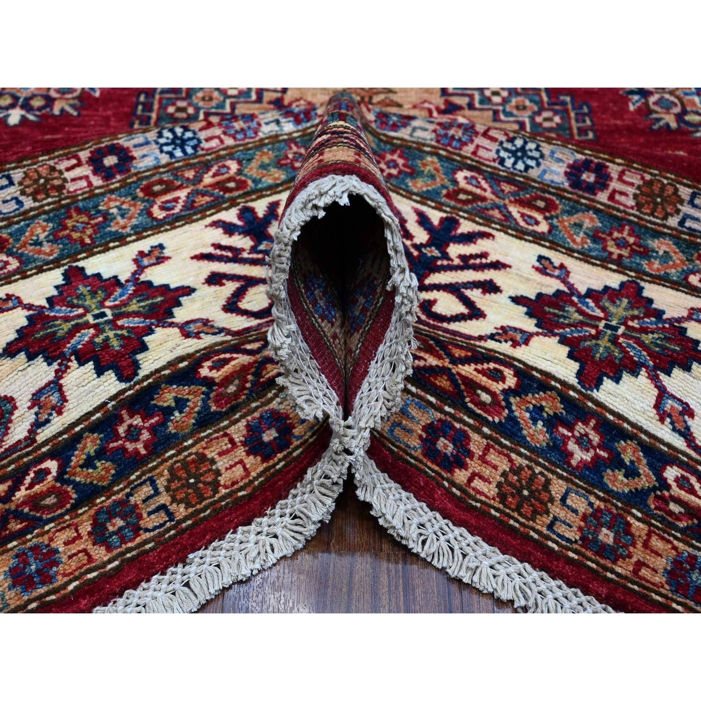 7'9"X9'9" Cereza Red Hand Knotted Afghan Super Kazak Wool Oriental Rug