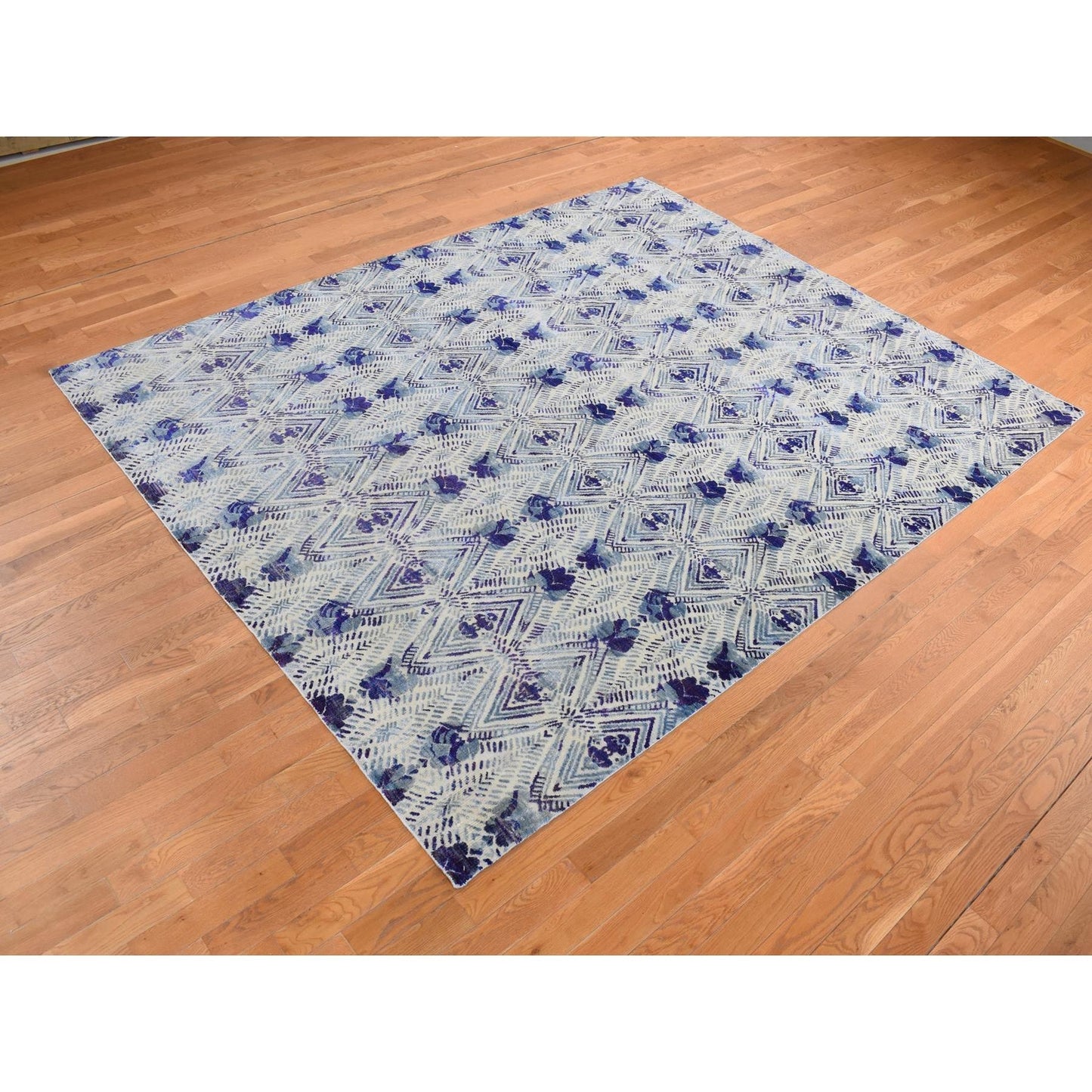 8'X10' Purple Geometric Design Sari Silk With Wool Hand Knotted Rug