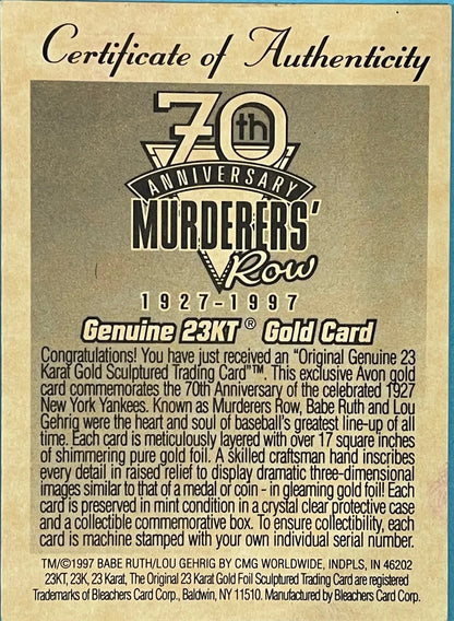 Babe Ruth & Lou Gehrig 1997 Bleachers Card 23Kt Gold Card