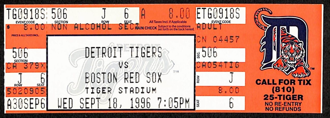 September 18, 1996 Tigers Vs. Red Sox Full Ticket Roger Clemens 20 K'S 193201
