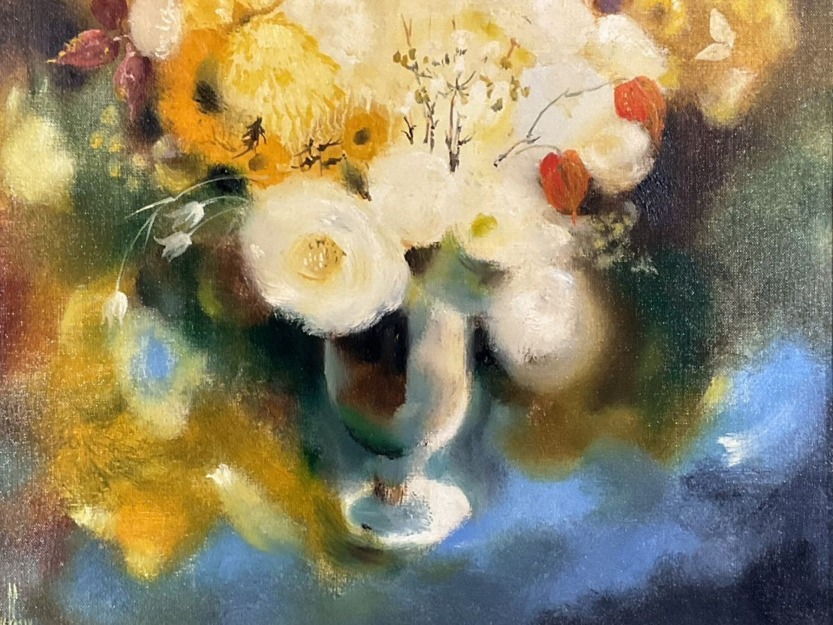 Yves Chaix Oil Painting Bouquet Blanc et Or French Modern Floral Art Framed