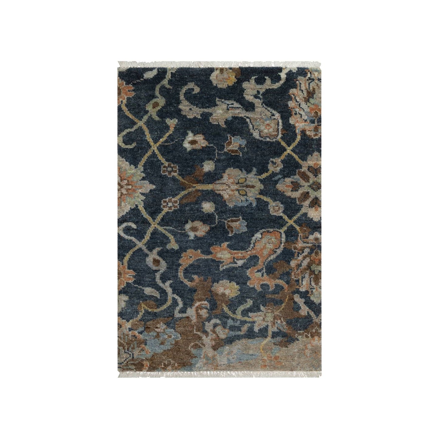 2'X3' Midnight Blue Broken Oushak Design Pure Wool Hand Knotted Mat Rug