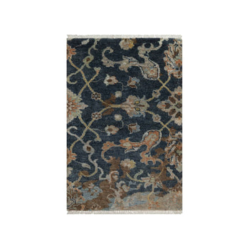 2'X3' Midnight Blue Broken Oushak Design Pure Wool Hand Knotted Mat Rug