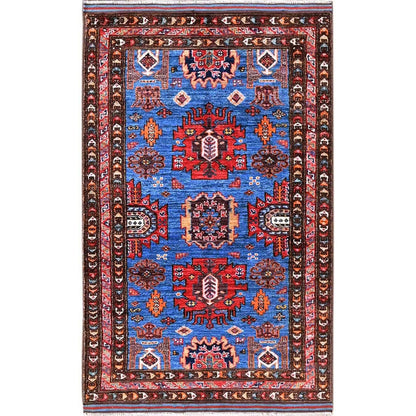 2'10"X4'9" Blue Afghan Caucasian Design Revival Hand Knotted Soft Wool Rug