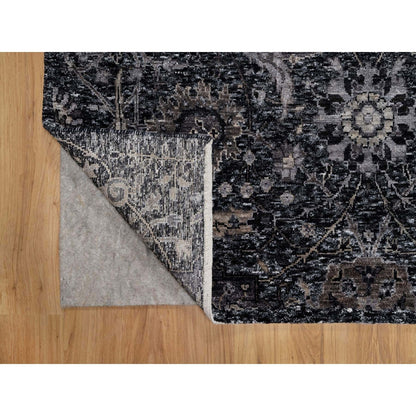 4'10"X7' Phantom Black Hand Knotted Sickle Leaf Design Wool And Silk Rug
