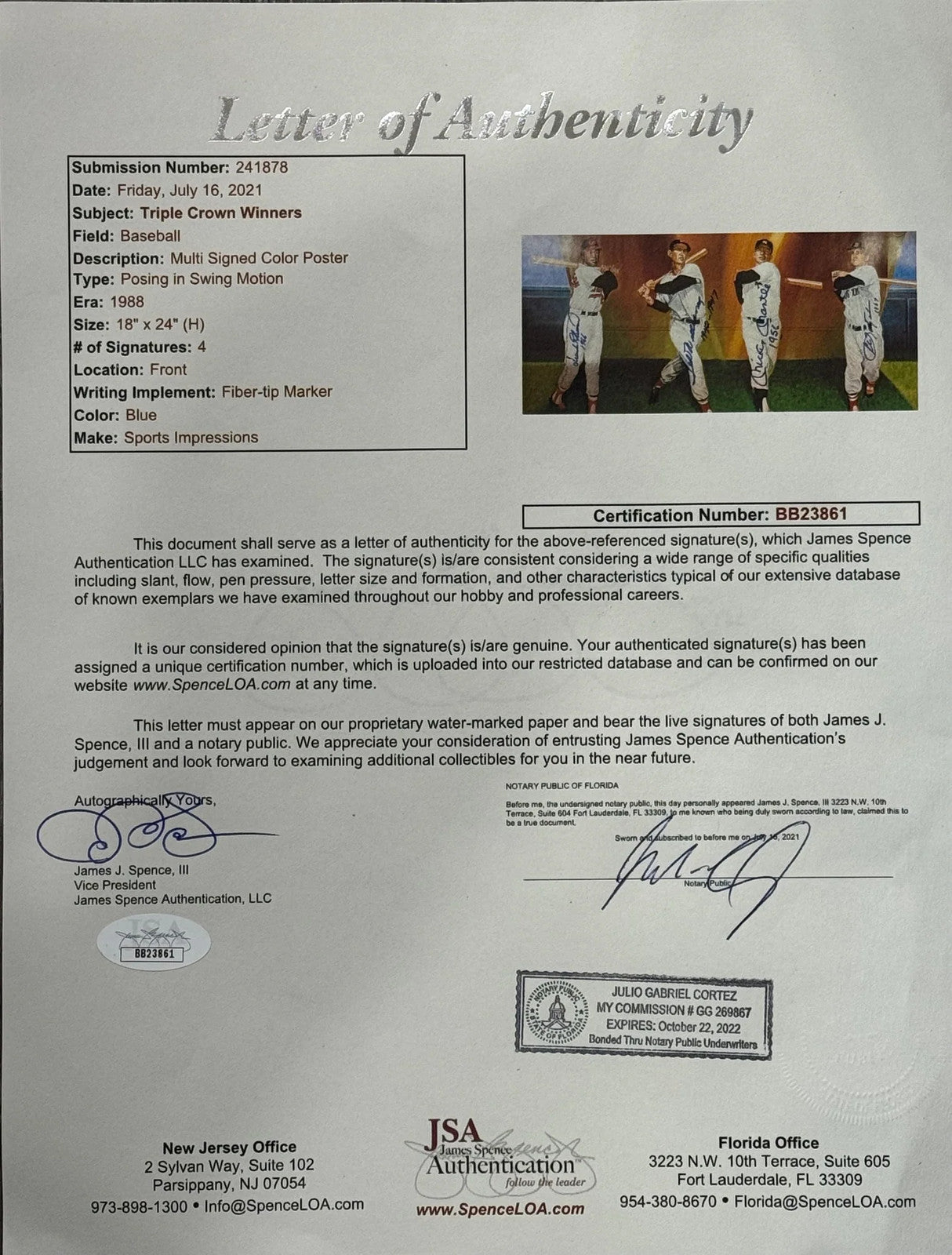 Triple Crown Winners Signed Framed 16X20 Photo Mantle Williams Robinson (Jsa)