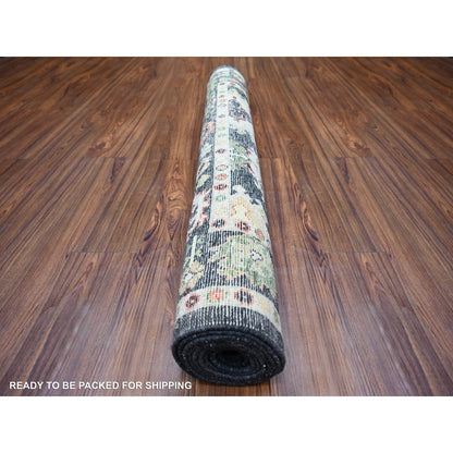 4'2"X9'6" Black Afghan Angora Oushak Wool Hand Knotted Wide Runner Rug