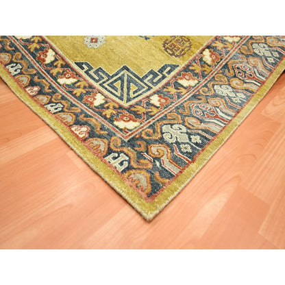 6'1"X9'4" Yellow Khotan Influence Distressed Hand Knotted 100% Wool Rug