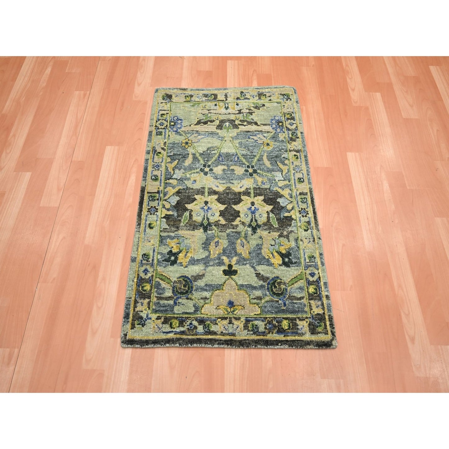 2'1"X3'6" Green Erased Zoroastrian Design Hand Knotted Pure Wool Mat Rug
