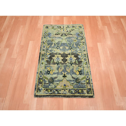 2'1"X3'6" Green Erased Zoroastrian Design Hand Knotted Pure Wool Mat Rug