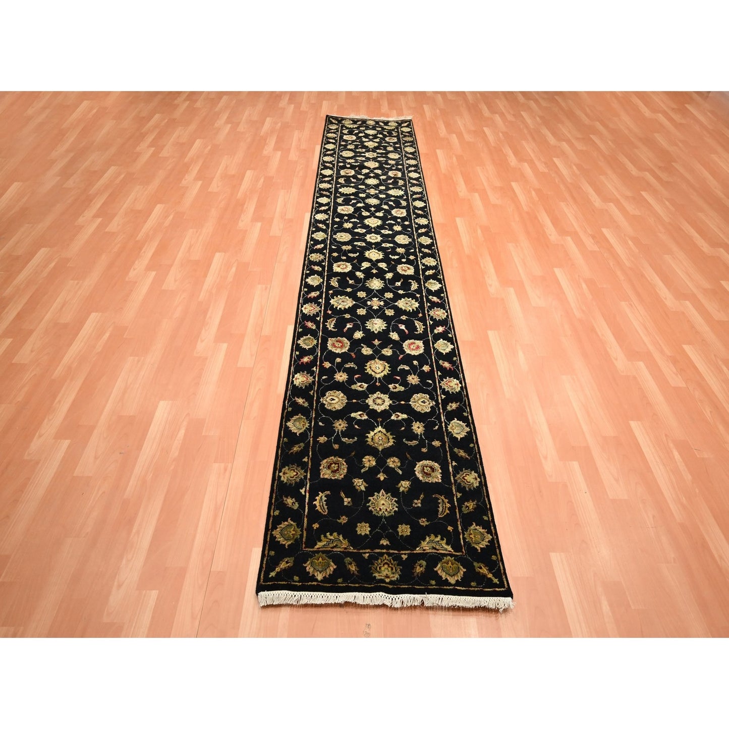 2'7"X12'3" Black Hand Knotted Wool-Silk Rajasthan Leaf Design Runner Rug
