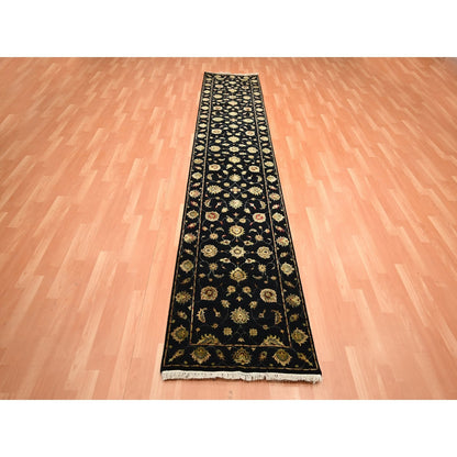 2'7"X12'3" Black Hand Knotted Wool-Silk Rajasthan Leaf Design Runner Rug
