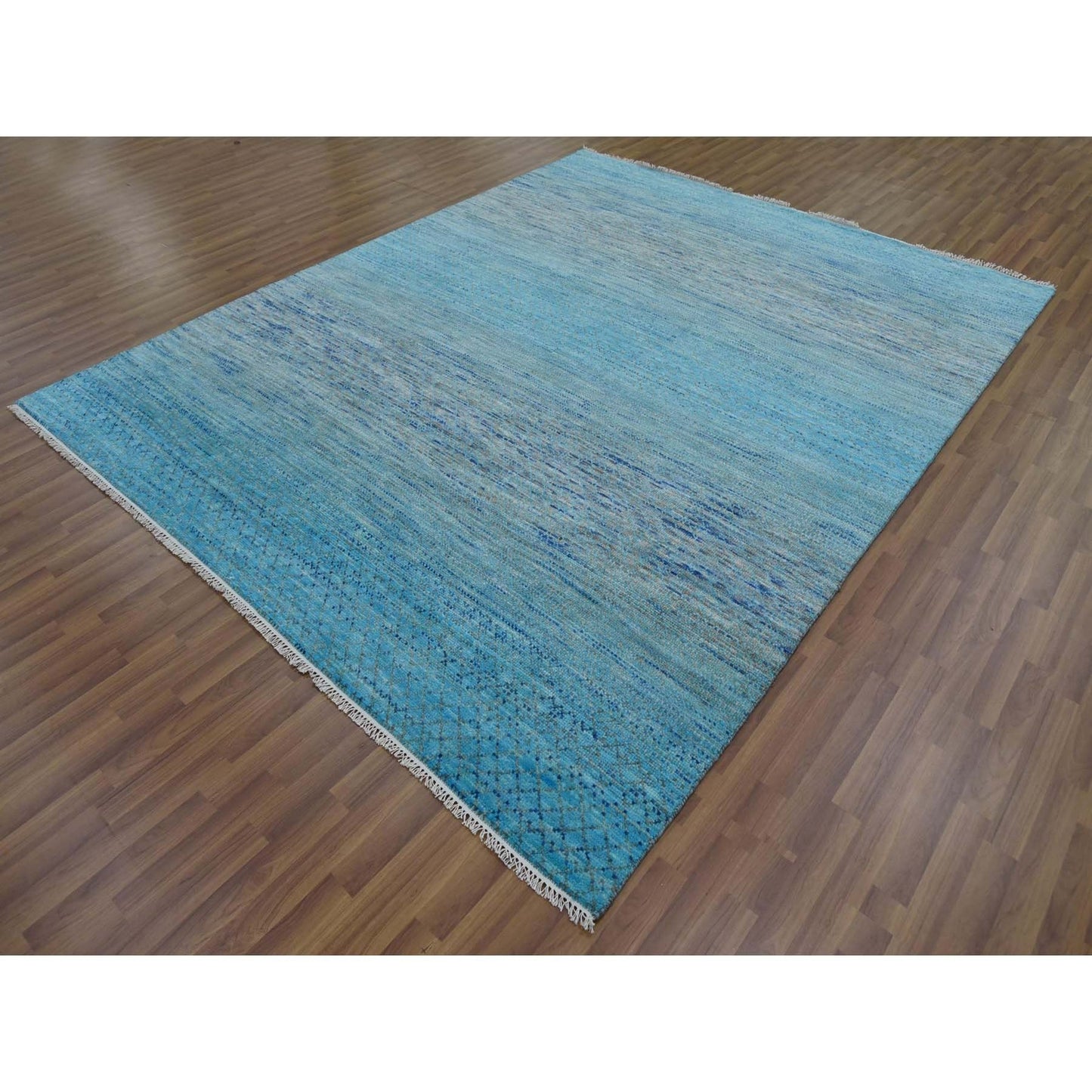 8'X9'10" Blue Pure Wool Hand Knotted Modern Chiaroscuro Collection Rug
