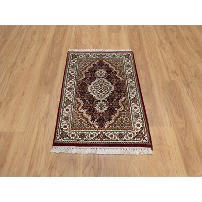 2'X3' Red Tebraz Mahi With Fish Design Soft Wool Hand Knotted Mat Rug