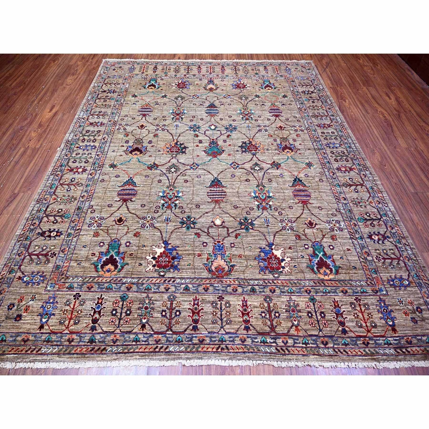 7'9"X9'6" Carbon Gray Hand Knotted Sultani Pomegranate Design Wool Rug