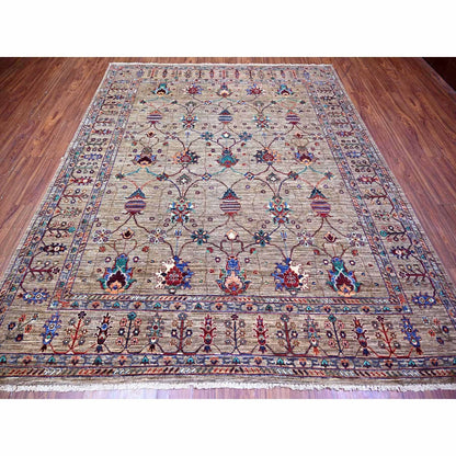 7'9"X9'6" Carbon Gray Hand Knotted Sultani Pomegranate Design Wool Rug
