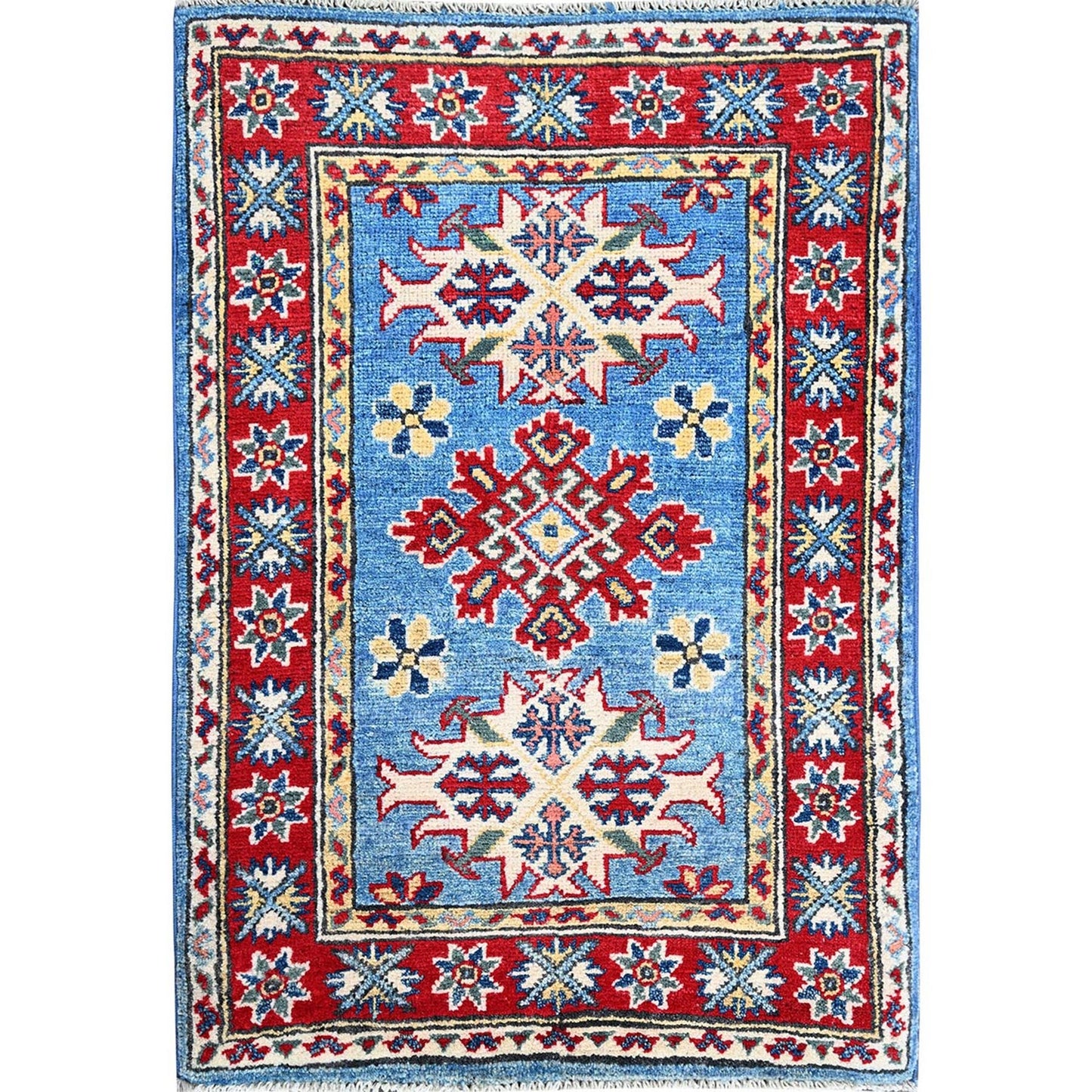 2'1"X3' Blue Kazak Tribal Medallions Design Hand Knotted Soft Wool Mat Rug